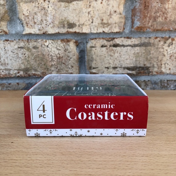 Christmas Happy Holidays Box of 4 Pc. Green Red Holidays Ceramic Coasters - Picture 3 of 15